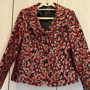 Kasper | Metallic Jacquard Round Lapel Jacket | Red, Black, Gold | Petite 10